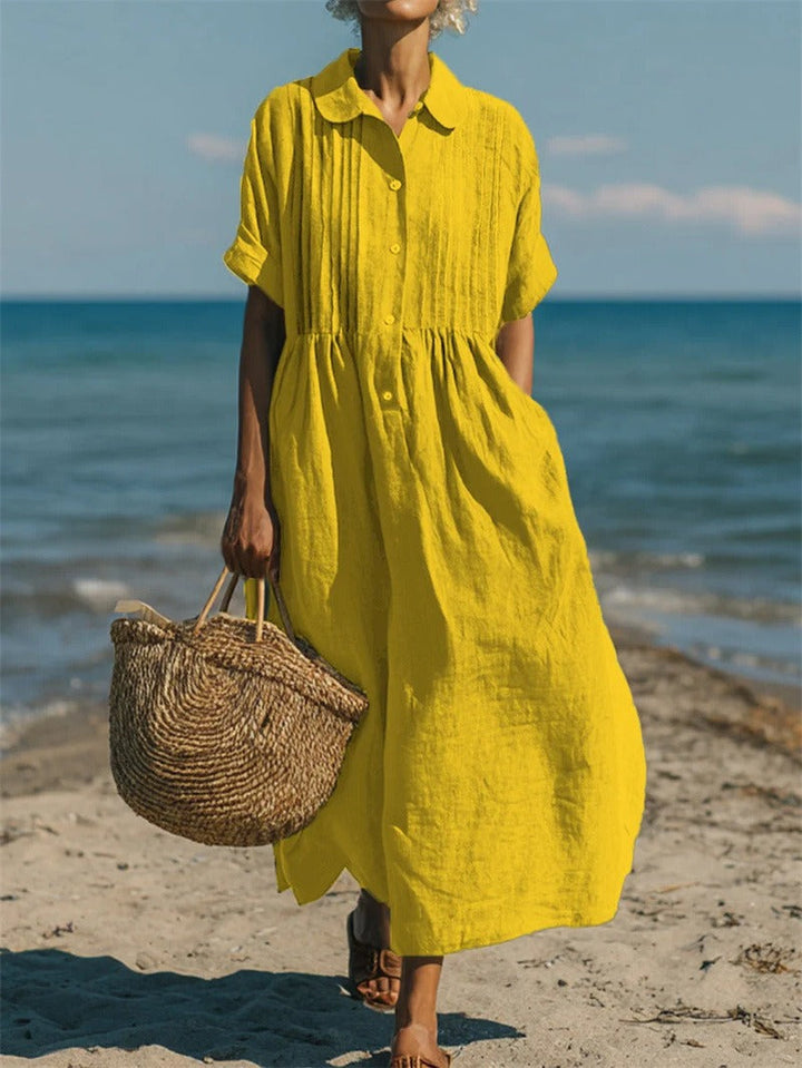 Women's Collared Pintuck Button-Front Gathered Midi Dress