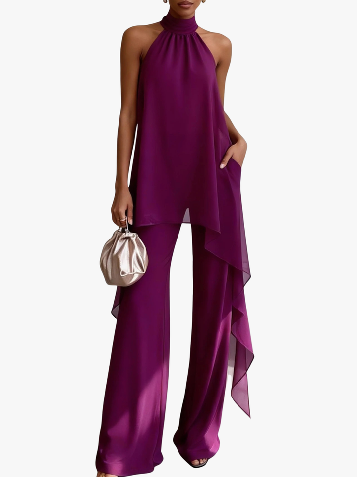 Halter Neck Wide Leg Trousers Matching Set Chiffon Overlay