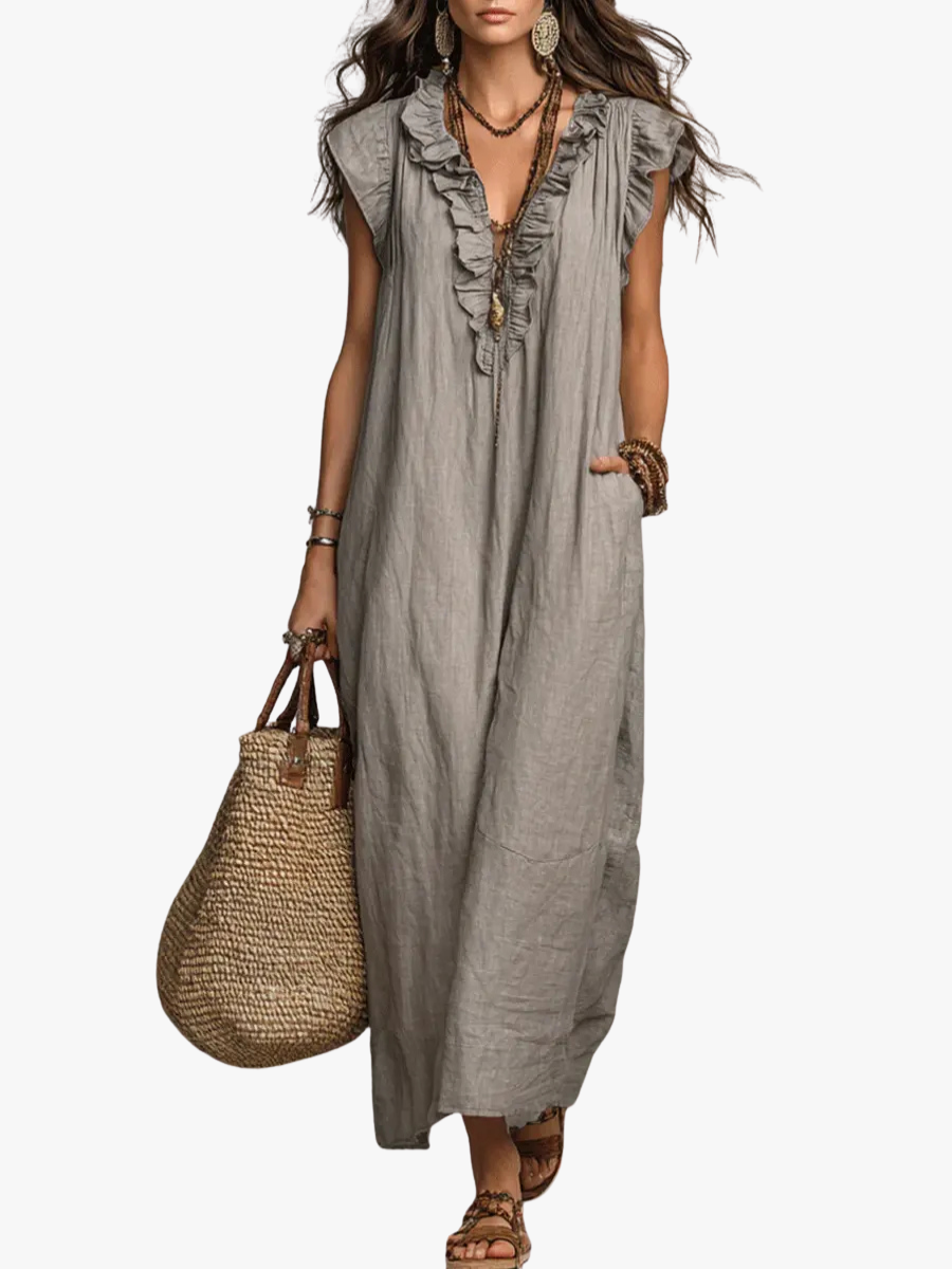 Women's Linen Ruffle Trim V-Neck Sleeveless Maxi Dress with Pockets