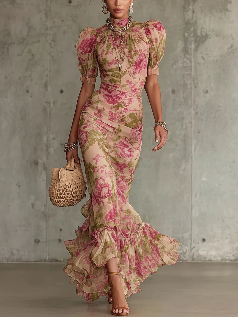 Women's Floral Print High Neck Puff Sleeve Ruched Maxi Dress