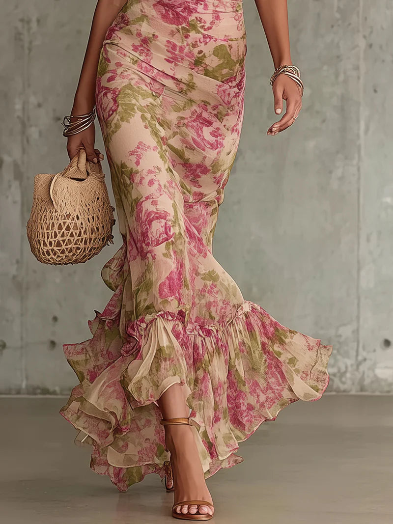 Women's Floral Print High Neck Puff Sleeve Ruched Maxi Dress