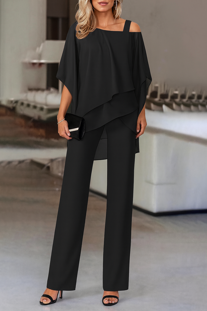 Women's One-Shoulder Chiffon Top and Trousers Evening Set