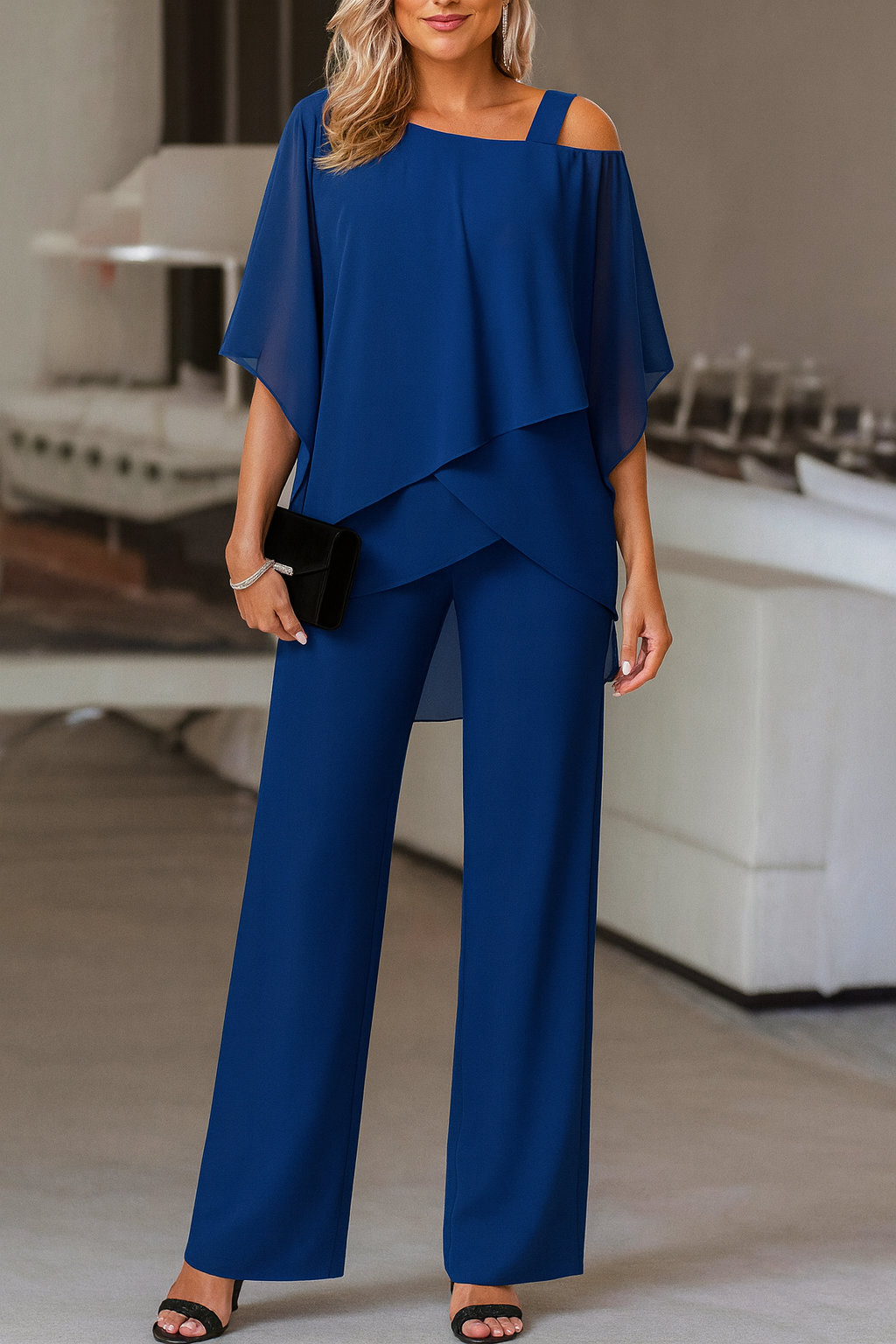 Women's One-Shoulder Chiffon Top and Trousers Evening Set