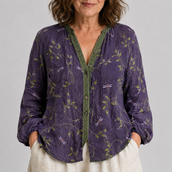 Women's Long Sleeve Button-Front Blouse with V-Neck and Allover Print