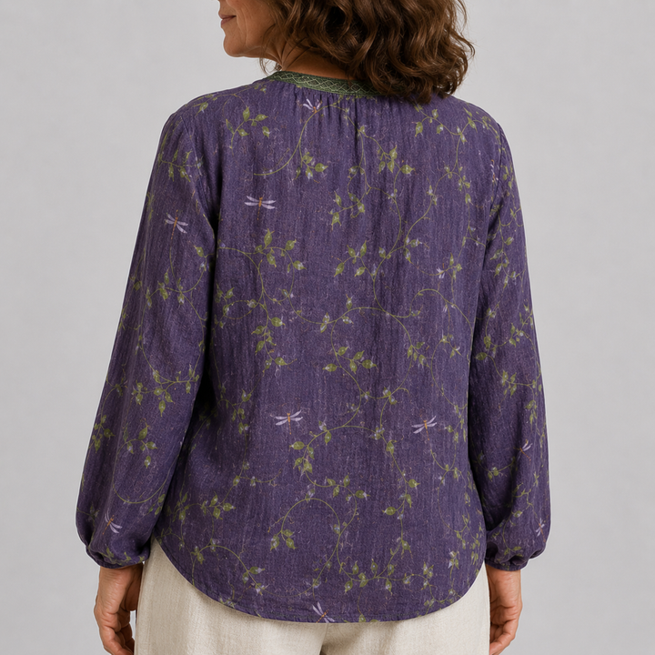 Women's Long Sleeve Button-Front Blouse with V-Neck and Allover Print