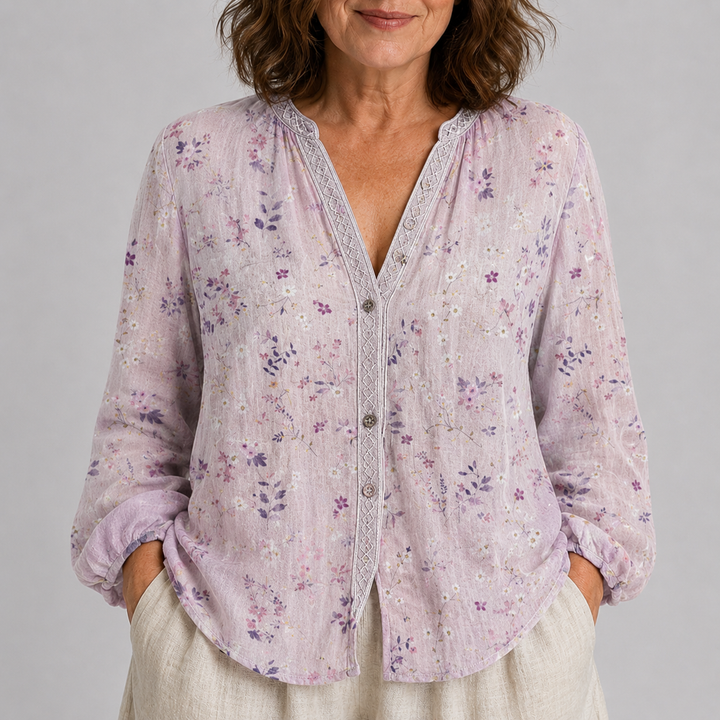 Women's Long Sleeve Button-Front Blouse with V-Neck and Allover Print