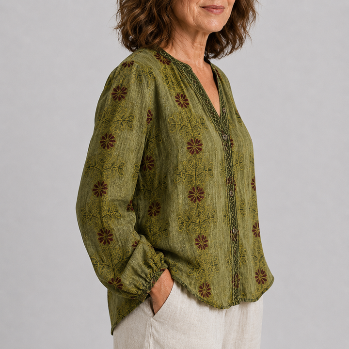 Women's Long Sleeve Button-Front Blouse with V-Neck and Allover Print