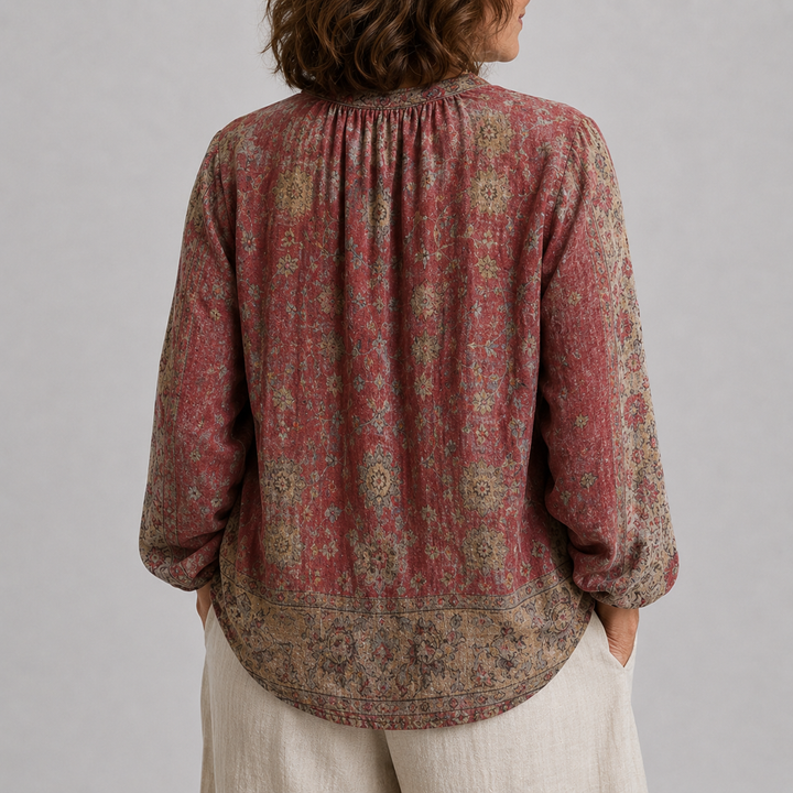 Women's Long Sleeve Button-Front Blouse with V-Neck and Allover Print