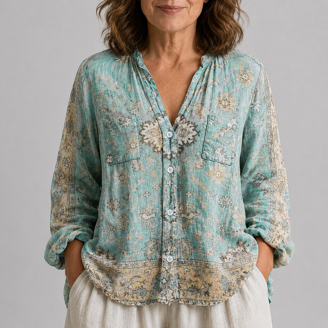 Women's Long Sleeve Button-Front Blouse with V-Neck and Allover Print