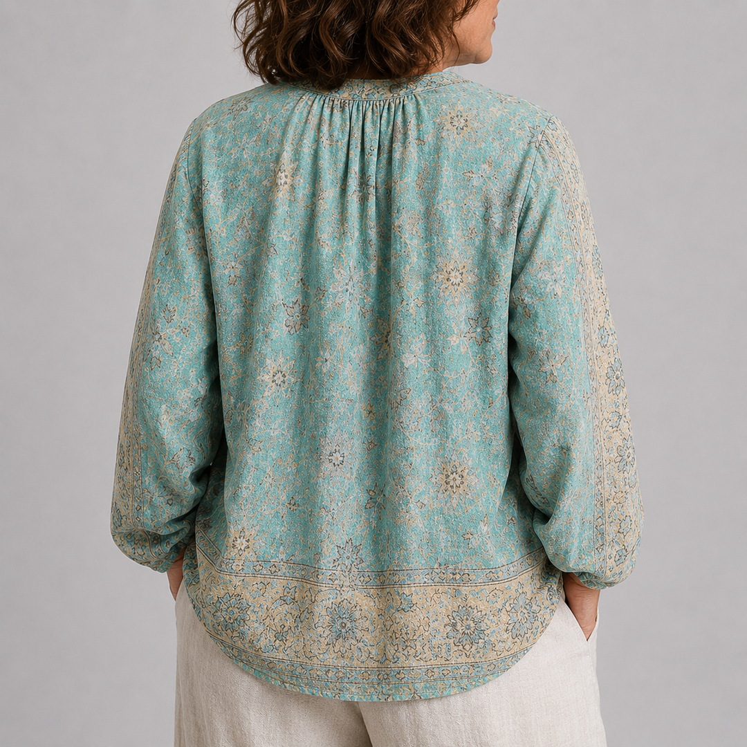 Women's Long Sleeve Button-Front Blouse with V-Neck and Allover Print
