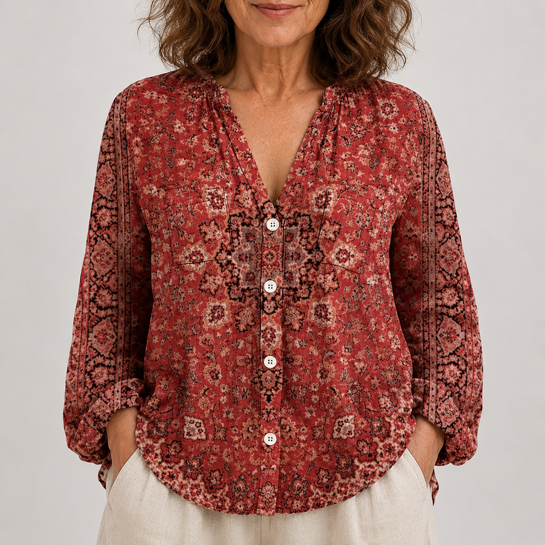 Women's Long Sleeve Button-Front Blouse with V-Neck and Allover Print