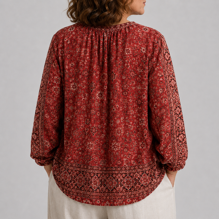 Women's Long Sleeve Button-Front Blouse with V-Neck and Allover Print