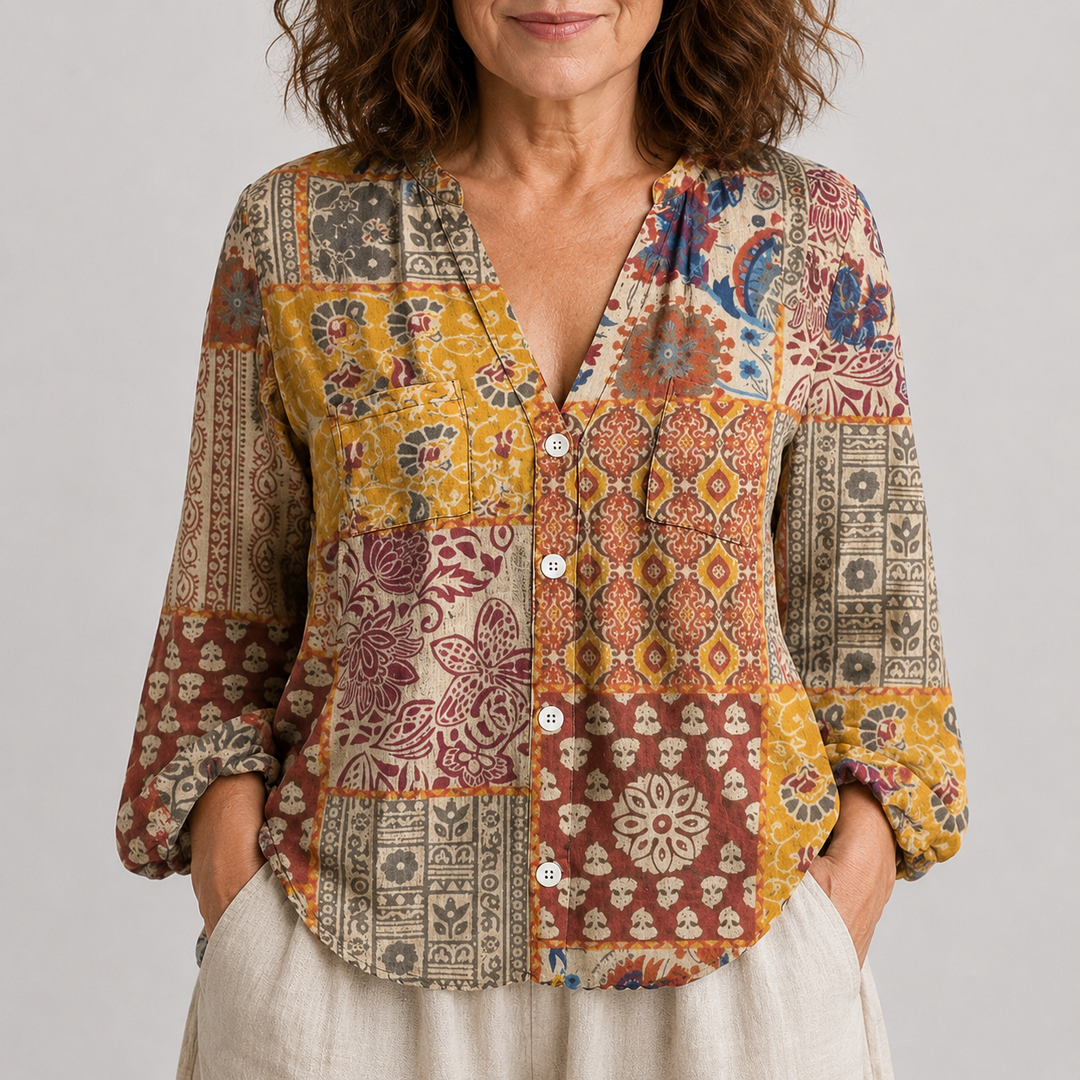 Women's Long Sleeve Button-Front Blouse with V-Neck and Allover Print
