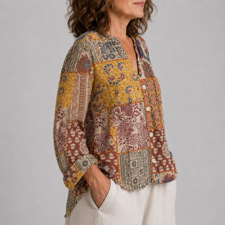Women's Long Sleeve Button-Front Blouse with V-Neck and Allover Print