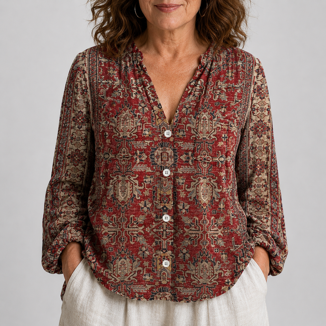 Women's Long Sleeve Button-Front Blouse with V-Neck and Allover Print