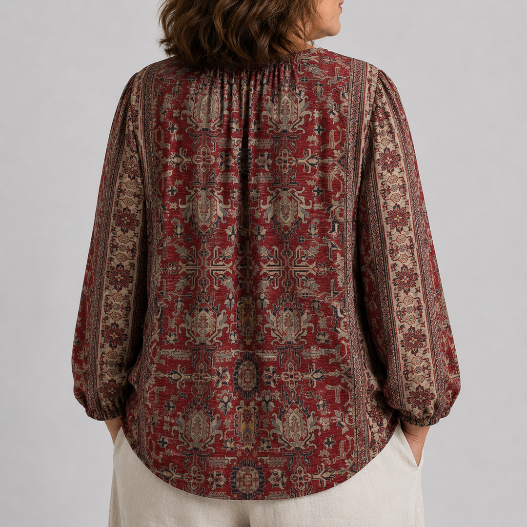 Women's Long Sleeve Button-Front Blouse with V-Neck and Allover Print