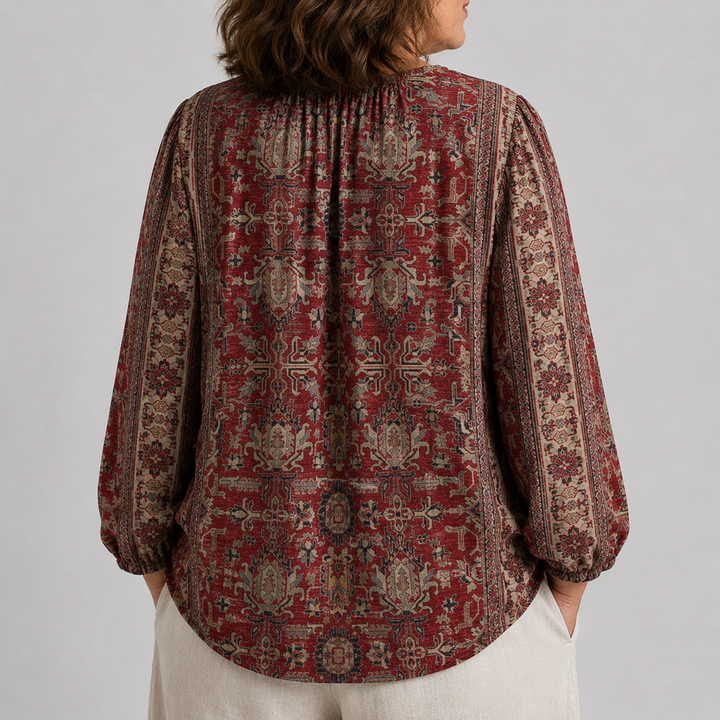 Women's Long Sleeve Button-Front Blouse with V-Neck and Allover Print