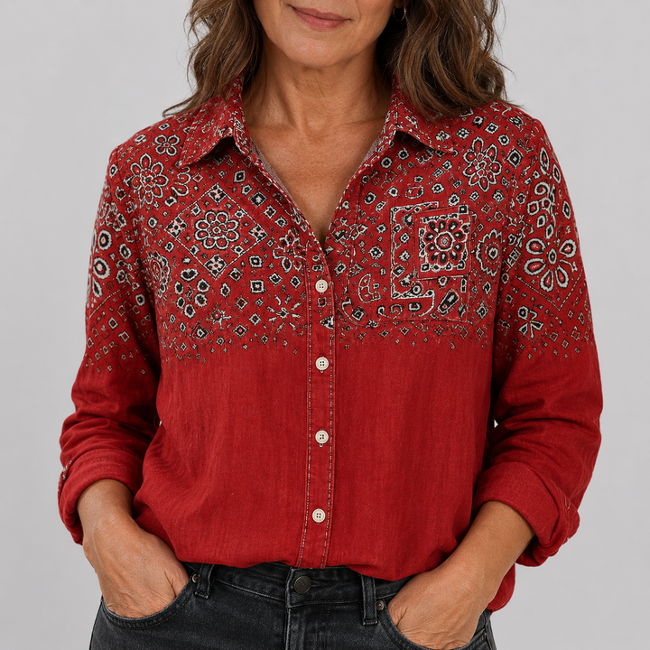 Women's Long Sleeve Button-Down Shirt with Printed Pattern and Chest Pocket