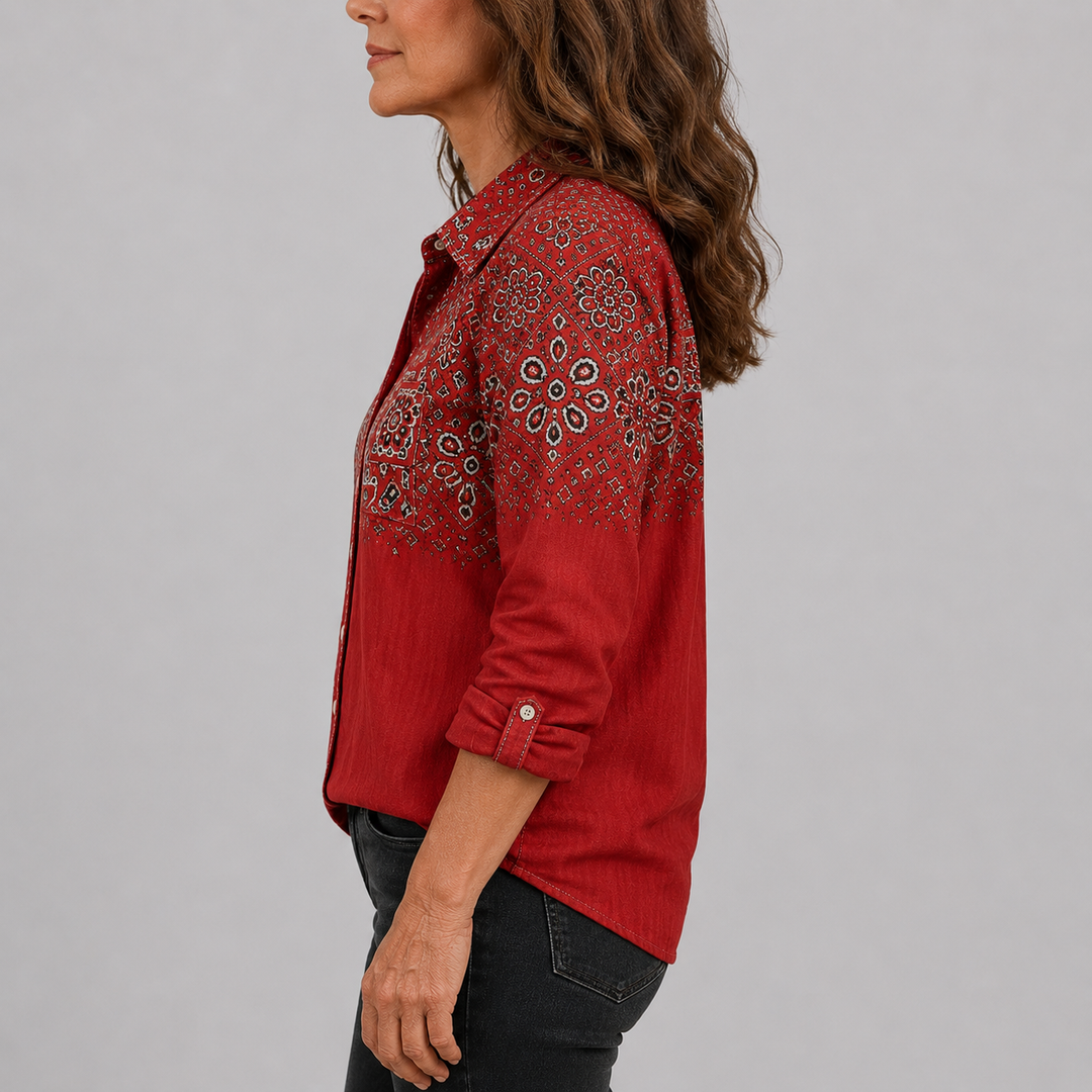 Women's Long Sleeve Button-Down Shirt with Printed Pattern and Chest Pocket
