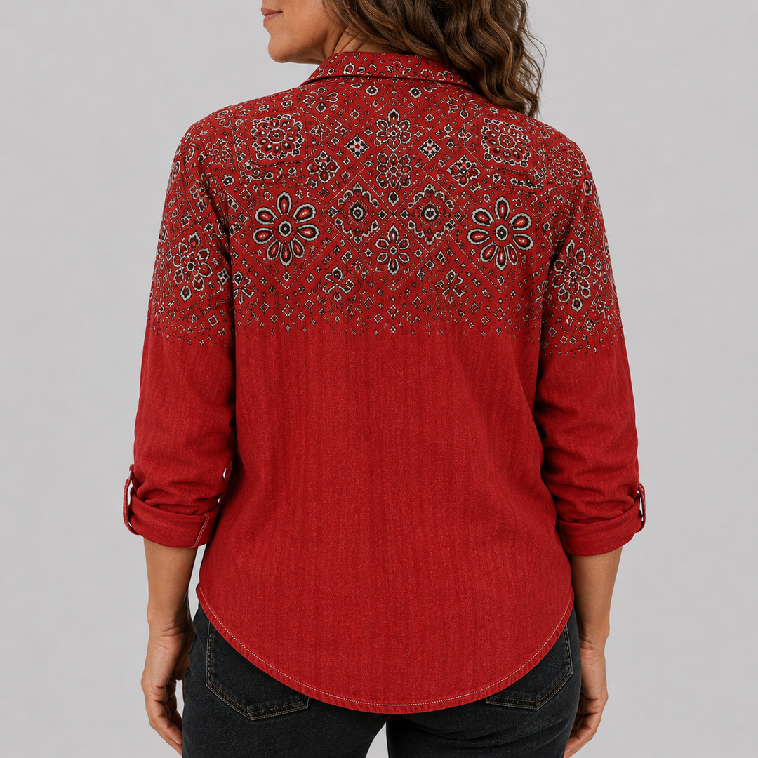Women's Long Sleeve Button-Down Shirt with Printed Pattern and Chest Pocket