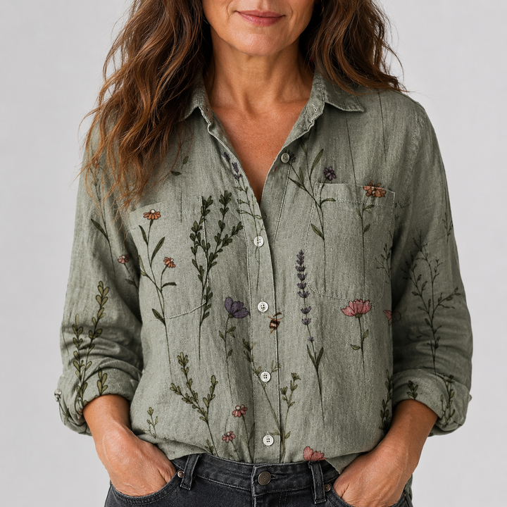 Women's Long Sleeve Button-Down Shirt with Printed Pattern and Chest Pocket