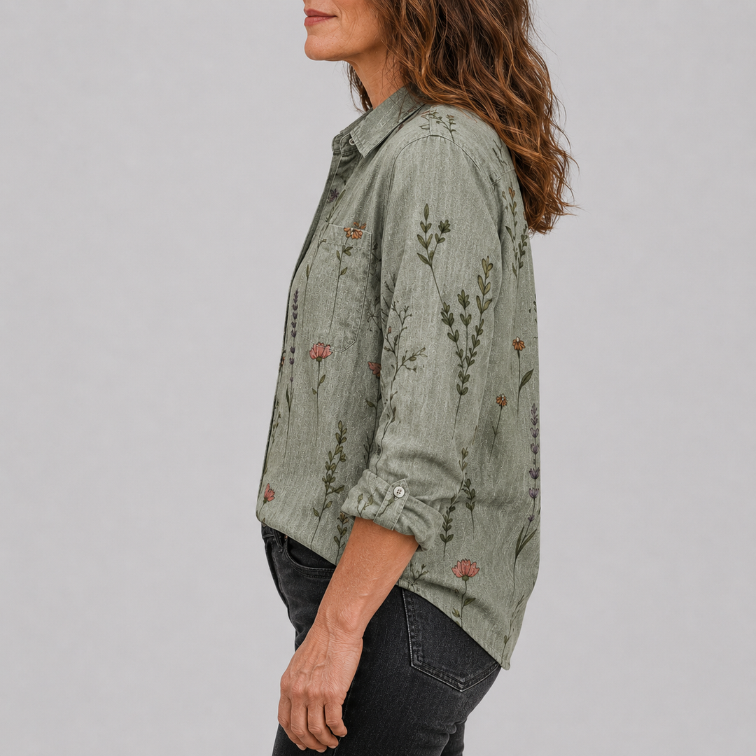 Women's Long Sleeve Button-Down Shirt with Printed Pattern and Chest Pocket