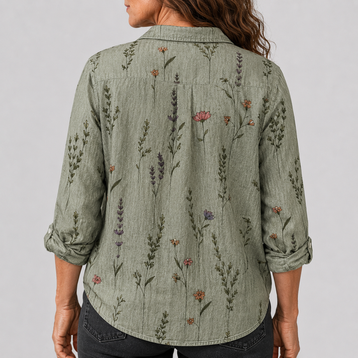 Women's Long Sleeve Button-Down Shirt with Printed Pattern and Chest Pocket