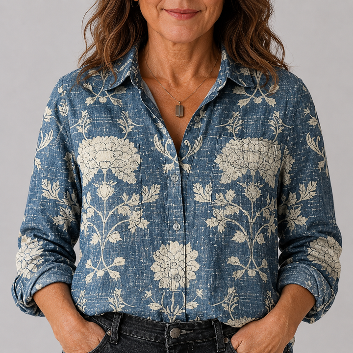 Women's Long Sleeve Button-Down Shirt with Printed Pattern and Chest Pocket