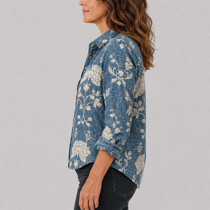Women's Long Sleeve Button-Down Shirt with Printed Pattern and Chest Pocket
