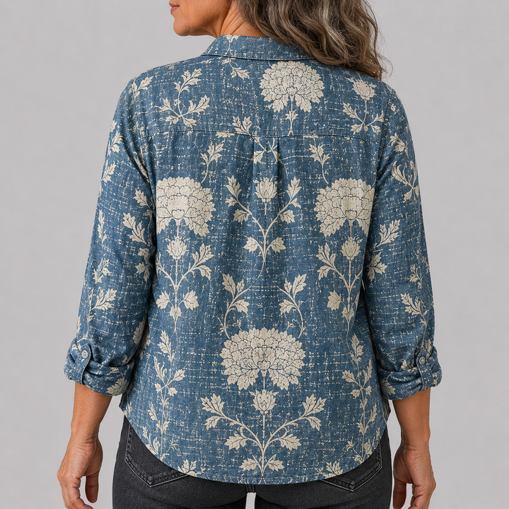 Women's Long Sleeve Button-Down Shirt with Printed Pattern and Chest Pocket
