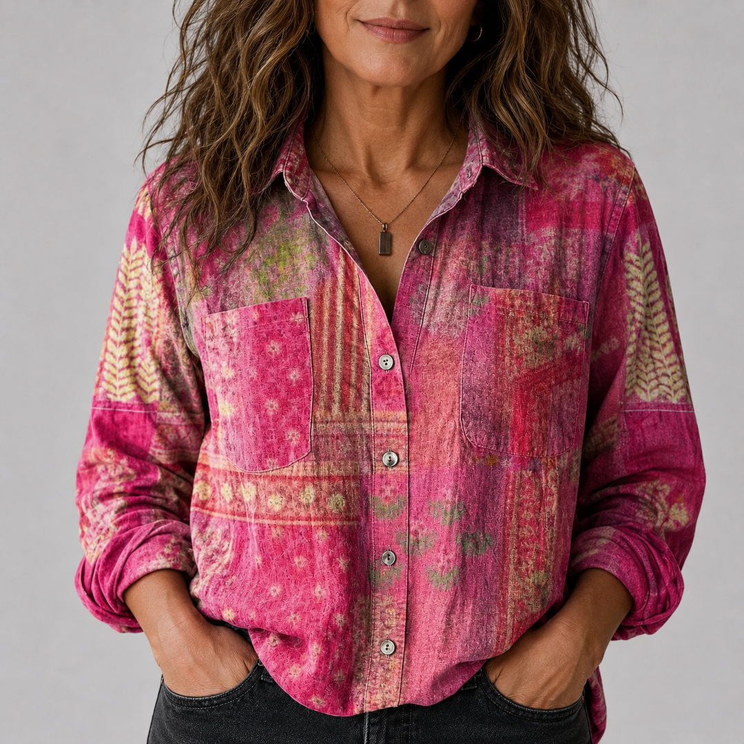 Women's Long Sleeve Button-Down Shirt with Printed Pattern and Chest Pocket