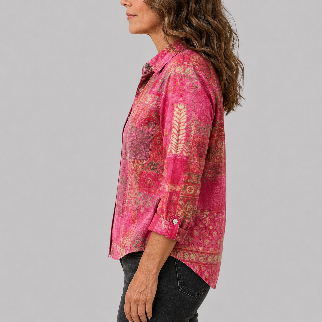 Women's Long Sleeve Button-Down Shirt with Printed Pattern and Chest Pocket