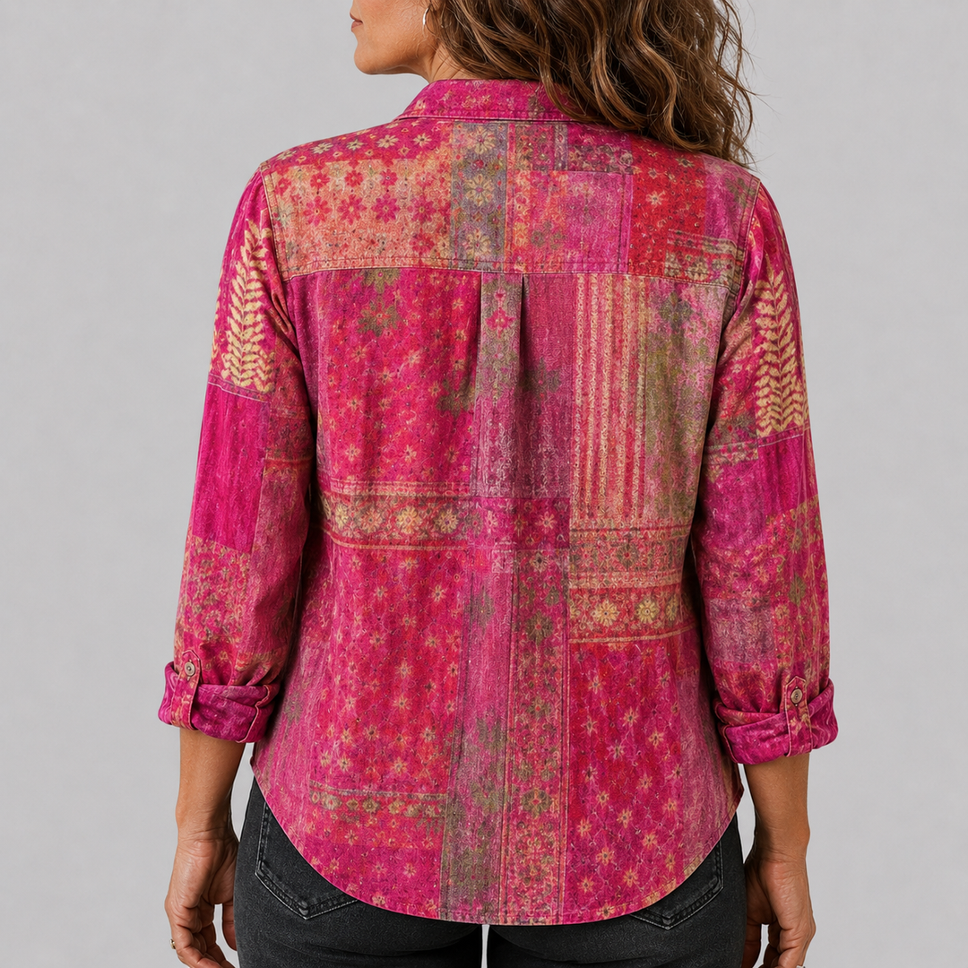 Women's Long Sleeve Button-Down Shirt with Printed Pattern and Chest Pocket