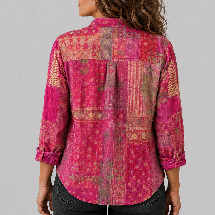 Women's Long Sleeve Button-Down Shirt with Printed Pattern and Chest Pocket