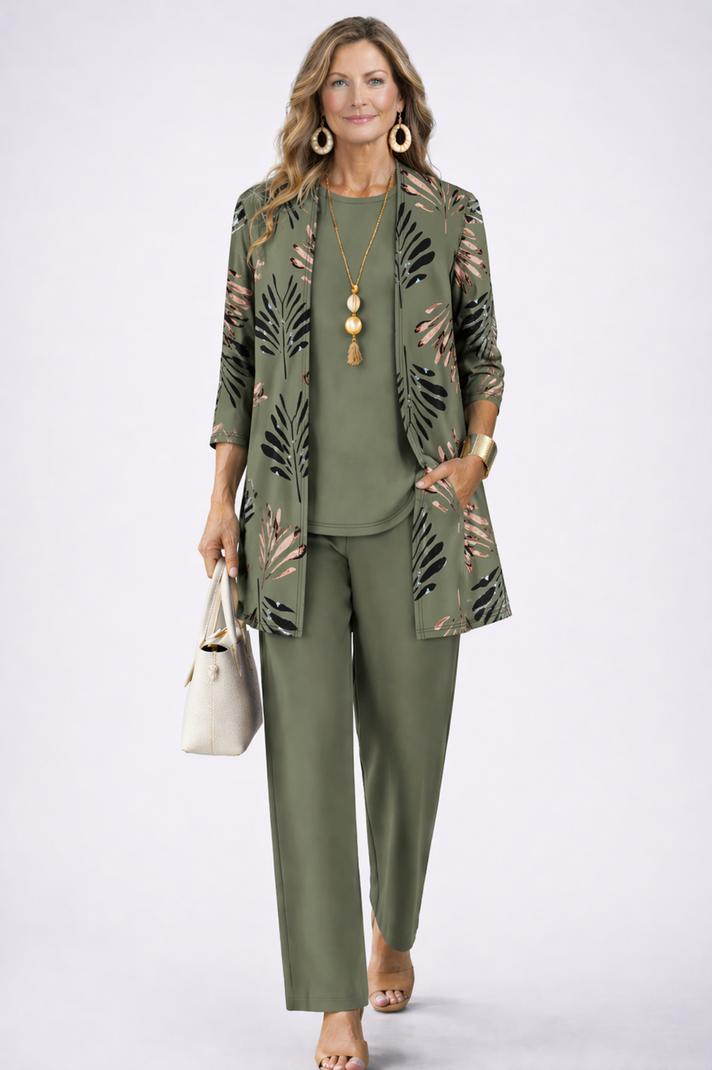 Women's Three-Piece Leaf Print Cardigan Top and Wide-Leg Trousers Set