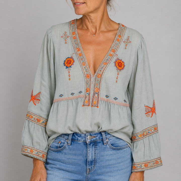 Women's Boho Embroidered V-Neck Blouse with Bell Sleeves and Floral Detail
