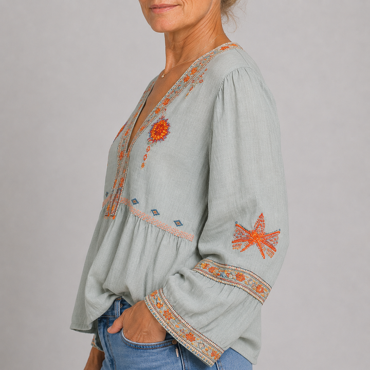 Women's Boho Embroidered V-Neck Blouse with Bell Sleeves and Floral Detail