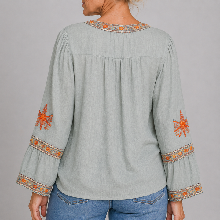 Women's Boho Embroidered V-Neck Blouse with Bell Sleeves and Floral Detail