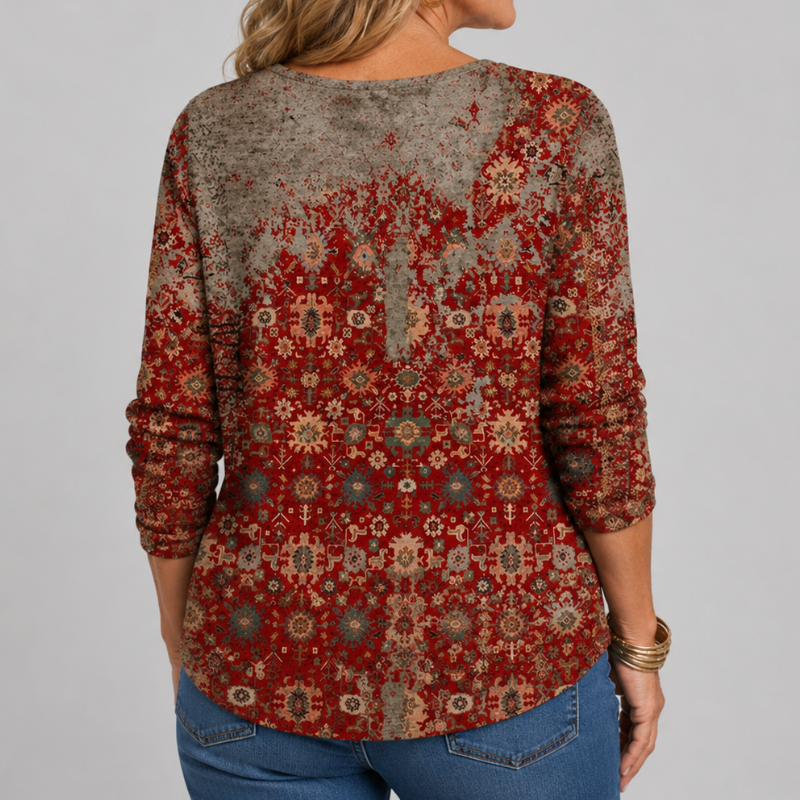 Women's Long Sleeve Henley Top with Boho Floral Print and Button Placket