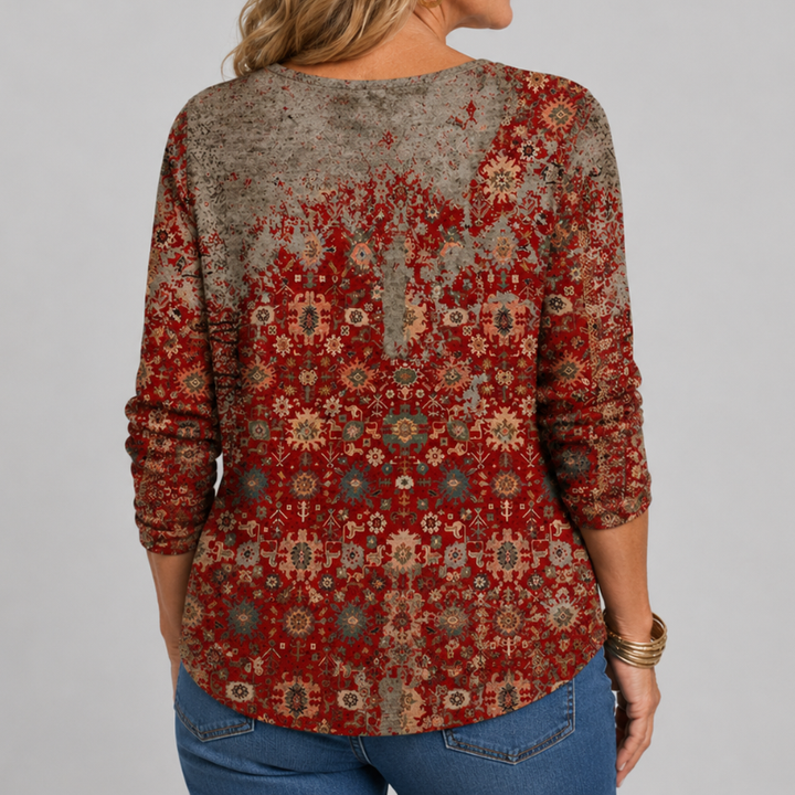 Women's Long Sleeve Henley Top with Boho Floral Print and Button Placket