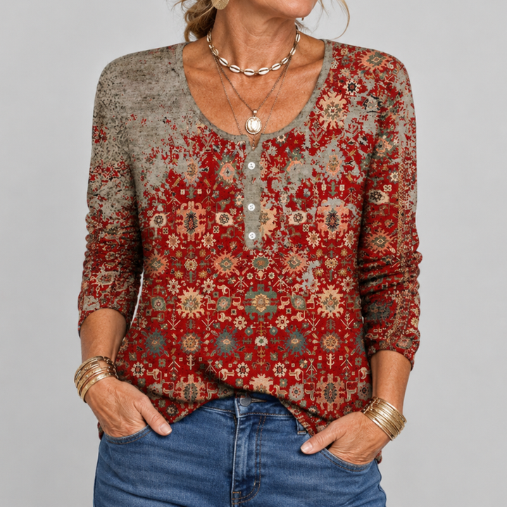 Women's Long Sleeve Henley Top with Boho Floral Print and Button Placket