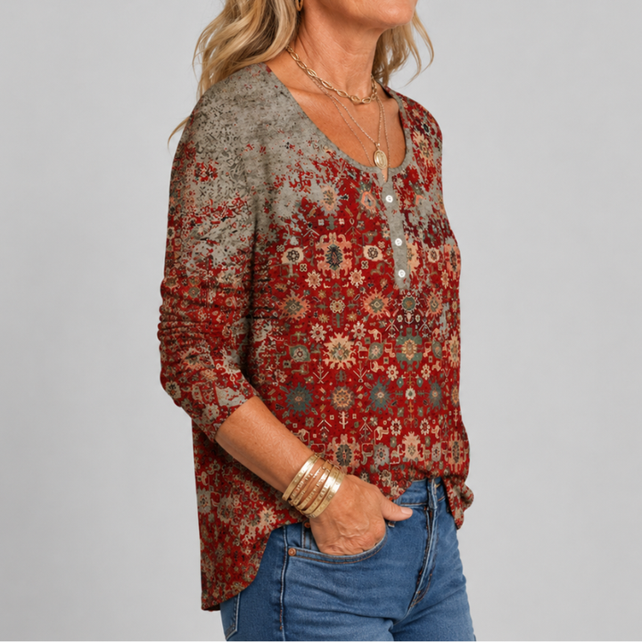 Women's Long Sleeve Henley Top with Boho Floral Print and Button Placket
