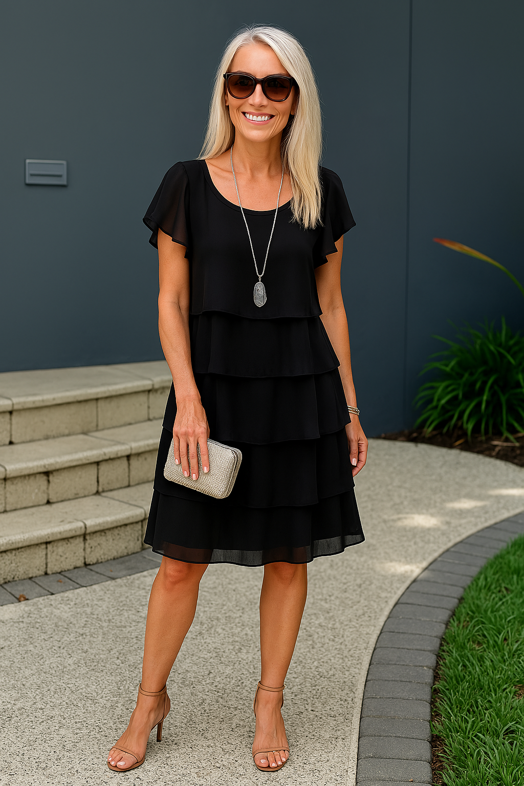 Women's Tiered Ruffle Short Sleeve Round Neck Midi Dress