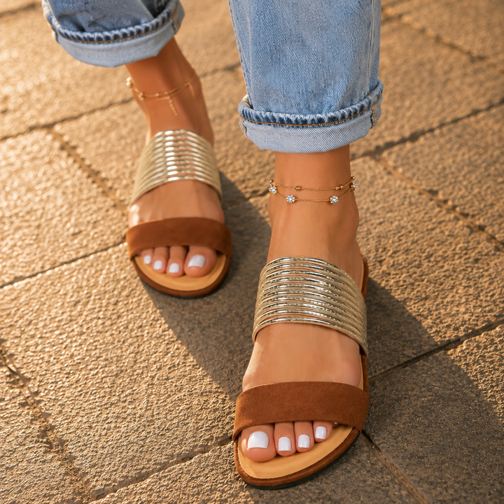 Women's Orthopaedic Metallic Slat Strap Slide Sandals