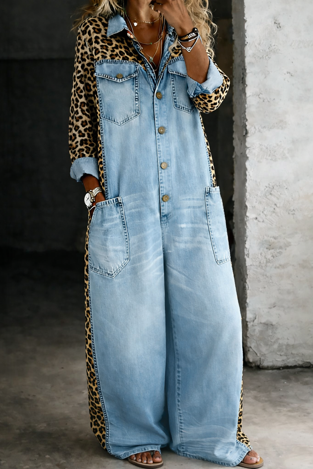 Women's Leopard Trim Button Front Wide Leg Denim Jumpsuit