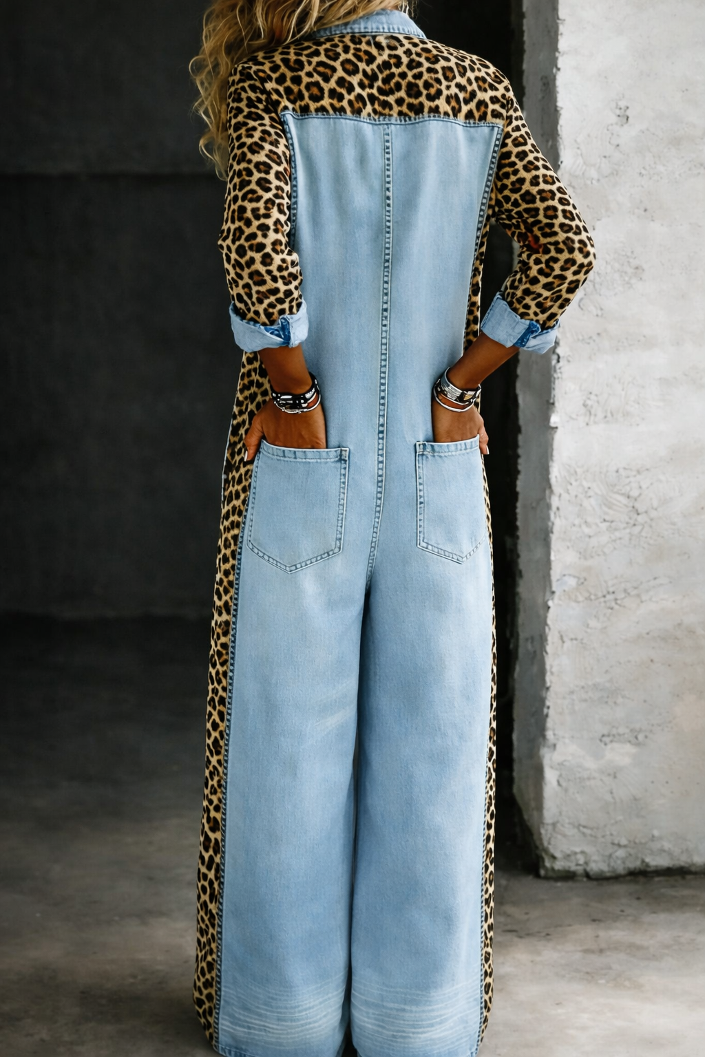 Women's Leopard Trim Button Front Wide Leg Denim Jumpsuit