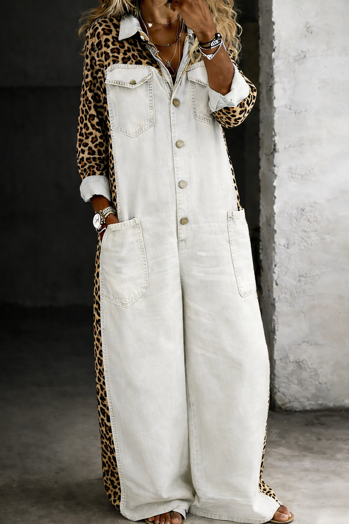 Women's Leopard Trim Button Front Wide Leg Denim Jumpsuit
