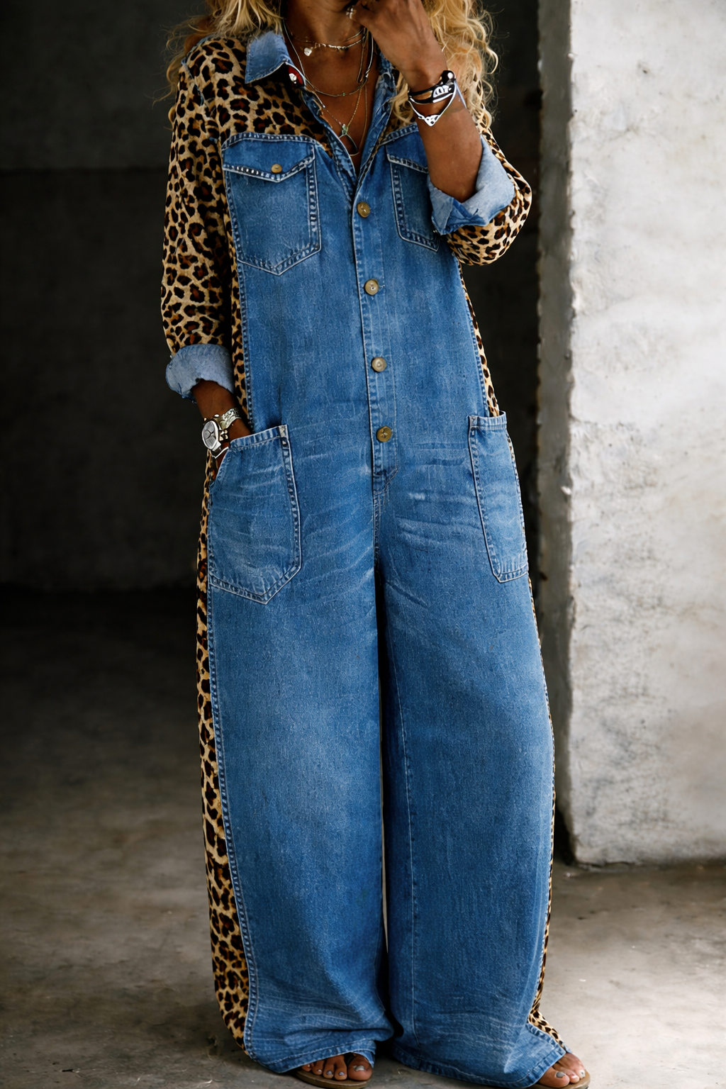 Women's Leopard Trim Button Front Wide Leg Denim Jumpsuit