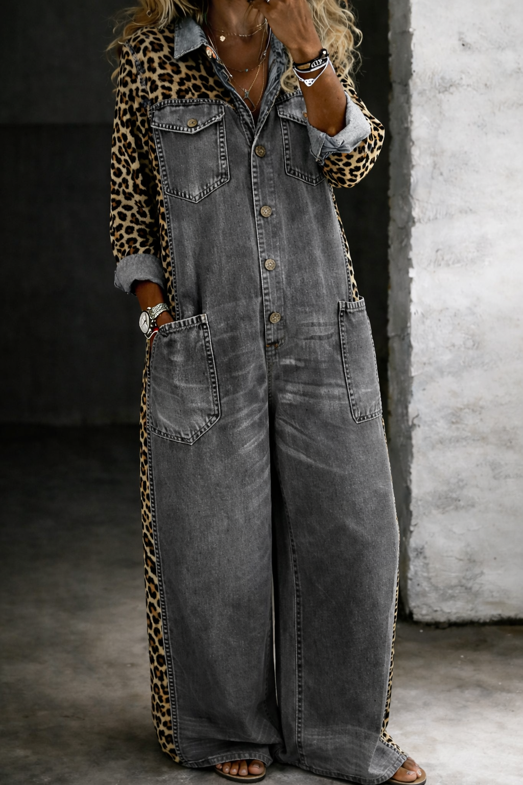 Women's Leopard Trim Button Front Wide Leg Denim Jumpsuit