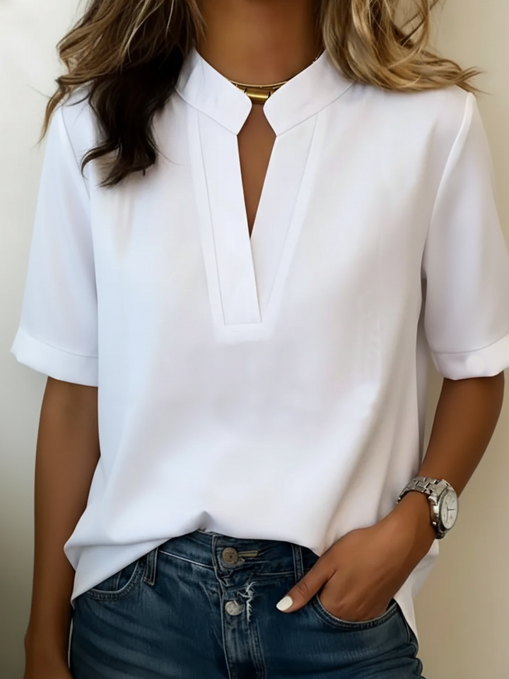 Women's Notched V-Neck Roll Sleeve Blouse Lightweight